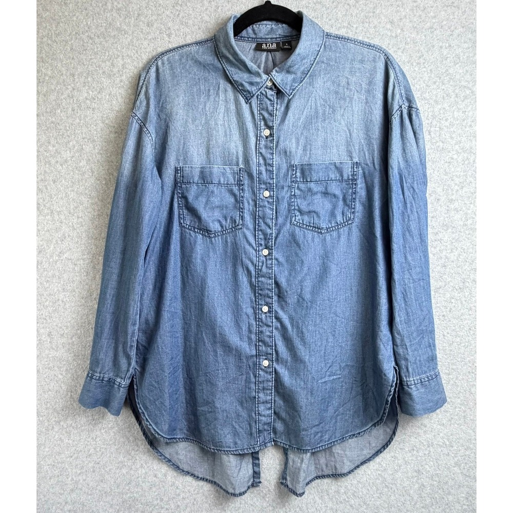 Chambray Button Down Shirt Small Blue Denim Lyocell Split Back High Low